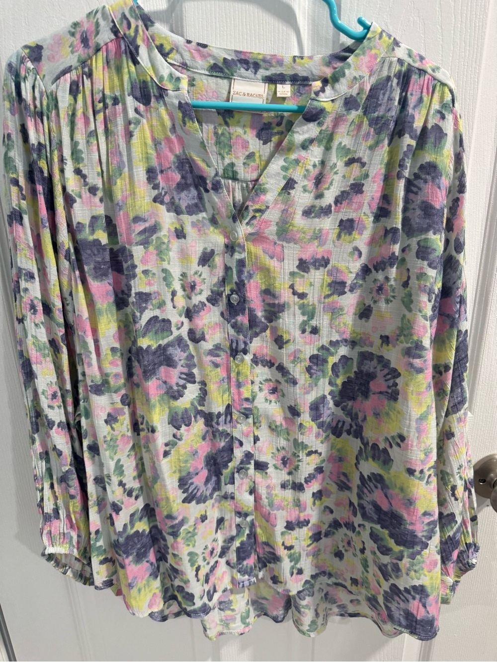 Zac & Rachel Pastel Floral Button-Front Top in Pink, Yellow & Navy